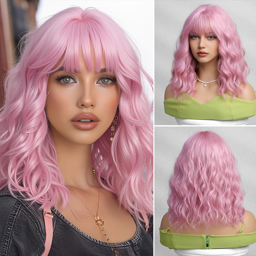 1pc Pink Short Curly Bob Wig with Bangs for Women - Matte Synthetic Hair, Loose Wave Style, 150% Density, Rose Net Cap, Perfect for Casual Attire or Special Occasions